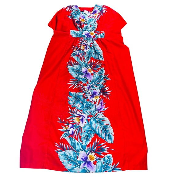 Vintage Dresses & Skirts - Vintage Hawaiian Dress One Size Red Floral Ti'a Made in Hawaii Maxi
